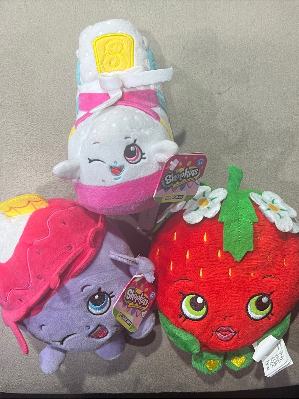 Shopkins Plush Toys - Strawberry, ice cream queen , and sneaky shoe 8”